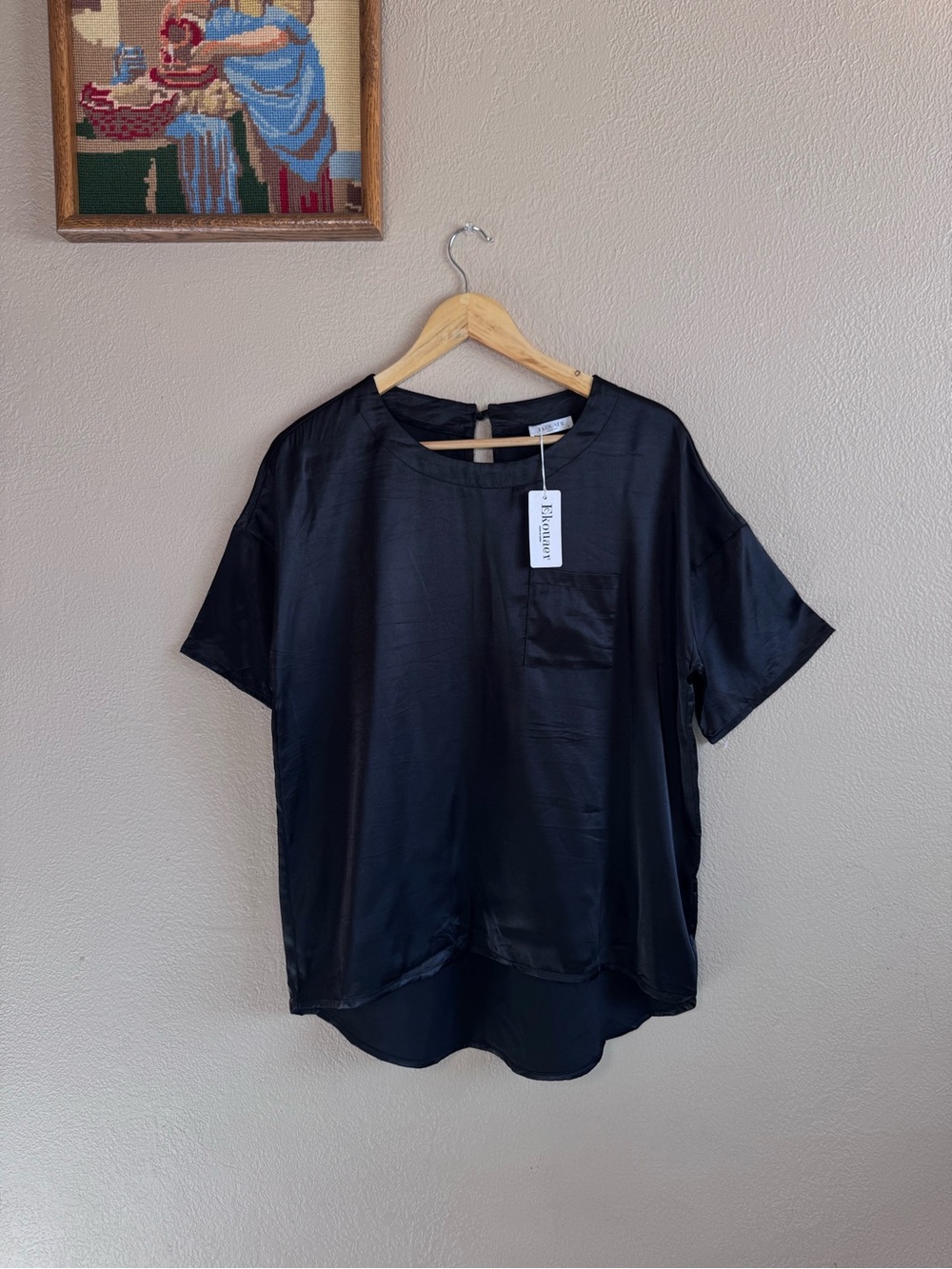 Ekouaer | Black Satin Silky Short-Sleeve Pajama shirt | Size Small